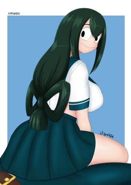 1boy 1girls anonymous_male ass belt big_ass big_breasts big_butt boobs breasts bulge dymblefish faceless_male female green_hair long_hair looking_back male my_hero_academia pants school_uniform sitting_on_bulge skirt tsuyu_asui