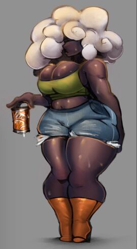 1girls 2025 annette_apricot annettesugar big_breasts big_thighs bra breasts breasts_bigger_than_head cleavage cleavage_overflow clothed clothed_female color curly_hair curvy curvy_female curvy_figure daisy_dukes dark-skinned_female dark_skin digital_media eyes_covered female female_only footwear hair_over_eyes hand_on_leg holding_object huge_breasts human lips long_hair shiny_skin shorts soda soda_can sweat sweaty thick_thighs thighs voluptuous voluptuous_female white_hair wide_hips