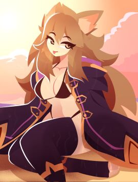 1girls animal_ears bikini black_bikini brown_hair cathie_(rivergravidade) clouds color colored female female_focus female_only half_naked jacket jacket_open long_hair looking_at_viewer orange_eyes pose rivergravidade sitting solo solo_female solo_focus tagme tail thigh_highs thighhighs tongue tongue_out