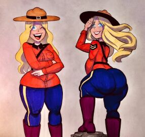 1girls ass big_ass blonde_female blonde_hair blue_eyes calgary_callie drawing female female_only happy_female hat light-skinned_female light_skin long_hair patriotism