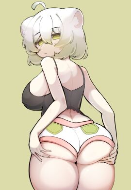 1girls ahoge ass ass_focus ass_grab back_view big_breasts black_camisole breasts camisole cleavage clothed clothing female female_focus female_only ferret ferret_girl green_eyes green_highlights hips indie_virtual_youtuber laimu large_breasts looking_at_viewer looking_back panties sae_art short_hair shorts simple_background solo thick_ass thick_thighs tired underwear virtual_youtuber vtuber white_hair wide_hips