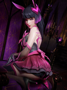 1girls 3d absurdres ass back_tattoo black_hair candle d.va dokiwatch elbow_gloves female female_only gloves headwear high_heels indoors kneeling m71z30 nocturna_d.va overwatch overwatch_2 purple_eyes purple_hair solo source_request tagme tattoo tattoo_on_back two-tone_hair