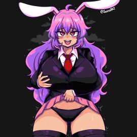 1girls artist_name big_breasts black_background black_panties breasts bunny_ears bunny_girl clothed_female female horny_female huge_breasts lifted_skirt light-skinned_female light_skin long_hair mole panties purple_hair red_eyes reference reisen_udongein_inaba seireiart skirt solo solo_female steam sweat thick_thighs thighs touhou udonge_in_interspecies_cave watermark