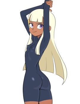 1girls 2020s 2022 areolae arms_up ass ass_focus bangs blue_bodysuit blue_latex blunt_bangs bodysuit breasts female female_focus female_only flat_chest flat_chested imago_(cartoon) latex latex_clothing latex_suit mangamaster purple_eyes small_breasts smile solo standing stretching tan tf1 white_background white_hair young young_female younger_female zora_(imago)