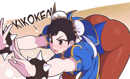 1girls :d arms_out ass ass_up bangs bent_forward bent_over big_ass blush bracelets brown_background brown_eyes brown_hair capcom cheongsam china_dress chinese_clothes chun-li clothes clothing double_bun ear english_text eyeliner female female_only from_above hair_bun jeffmiga kikoken large_ass leotard light-skinned_female light_skin lipstick makeup open_mouth pantyhose pearl_earrings qipao solo spiked_bracelet standing street_fighter street_fighter_ii thick_ass thick_thighs tights twin_buns two-tone_background upskirt white_background