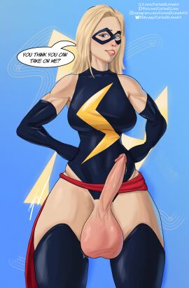 1futa 2d balls big_balls big_breasts blonde_hair blue_eyes breasts carlosdlimaart color dialogue domino_mask english_text erection female full_color futa_only futanari gloves huge_balls huge_cock huge_testicles intersex light-skinned_futa light_skin long_gloves looking_at_viewer marvel marvel_comics mask masked masked_female massive_balls ms._marvel ms._marvel_(carol_danvers) oversized_balls penis penis_out precum precum_string smile smirk solo speech_bubble stockings superheroine talking_to_viewer testicles thick_thighs white_skin wide_hips