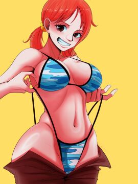 1girls bare_shoulders big_breasts bikini bikini_bottom bikini_top breasts clothed clothing color coolb female female_focus female_only green_eyes hi_res large_breasts light-skinned_female light_skin looking_at_viewer nami_(one_piece) one_piece orange-haired_female orange_hair pre-timeskip short_hair shounen_jump skypiea solo solo_female tagme thick_thighs undressing