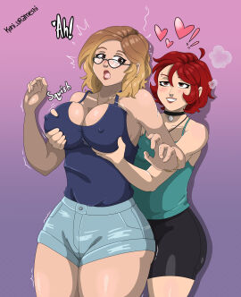 2girls big_breasts blonde_hair breasts clothed family female funny glasses groping_breasts groping_from_behind heart koni_urameshi loopsie loopsie's_mom loopsieart mother_and_daughter multiple_females multiple_girls nose_ring onomatopoeia red_hair surprised thick_thighs twitter