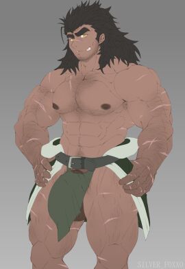 1boy balls bara big_bulge bulge bulge_through_clothing gay huge_bulge loincloth looking_at_viewer male male_focus male_nipples male_only masculine_male muscular muscular_chest muscular_male nipples penis silver_foxxo solo solo_male yaoi