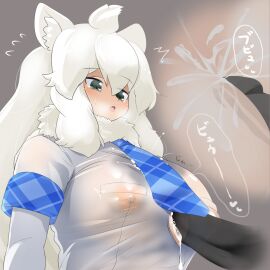 1boy ahoge animal_ear_fluff animal_ears blank_censor blue_necktie blush breasts button_gap censored commentary_request covered_nipples cum cum_on_body cum_on_breasts ejaculation elbow_gloves female gloves grey_background grey_eyes hair_between_eyes heart heart_in_eye highres huge_breasts kemono_friends large_breasts lets0020 lion_ears lion_girl long_hair looking_at_penis looking_down male medium_bangs necktie no_bra numbered open_mouth paizuri paizuri_under_clothes penis plaid_necktie shirt short_sleeves simple_background solo_focus straight symbol_in_eye upper_body very_long_hair white_gloves white_hair white_lion_(kemono_friends) white_shirt