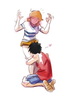 1boy 1girls black-haired_male black_hair blush cunnilingus cute eating_pussy face_in_crotch female hugging hugging_legs implied_cunnilingus kneeling male monkey_d_luffy nami_(one_piece) one_piece oral oral_sex orange-haired_female orange_hair panties panties_around_legs panties_down pre-timeskip pussy shirt skirt_lift standing wholesome zantinaa