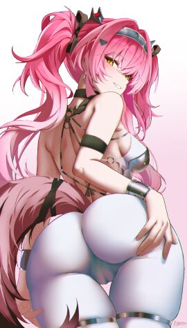 absurdres arm_strap armor artist_name ass bare_shoulders black_bow blush bodysuit bow breastplate breasts cameltoe chromatic_aberration cowboy_shot earrings female from_behind gradient_background grin hair_intakes hair_ornament hairband hairbow hand_on_own_ass highres jewelry kiratto777 large_breasts long_hair looking_at_viewer looking_back lupa_(wuthering_waves) median_furrow metal_hairband pink_background pink_hair pussy red_pupils shoulder_blades smile solo tail teeth thigh_gap white_background white_bodysuit wolf_tail wrist_guards wuthering_waves yellow_eyes