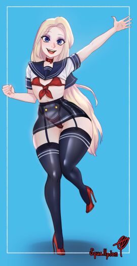 big_thighs blonde_hair blue_eyes bra breasts clothing collar elsa_(frozen) female female_only flat_chest frozen_(film) garter_belt garter_straps high_heels huge_thighs light_skin lips lipstick long_hair navy_stockings panties red_bikini red_bra red_collar red_heels red_lipstick red_panties revealing_clothes sailor_shirt sailor_uniform skimpy_clothes skirt small_breasts smile squallpion stockings transparent_clothing transparent_skirt white_skin