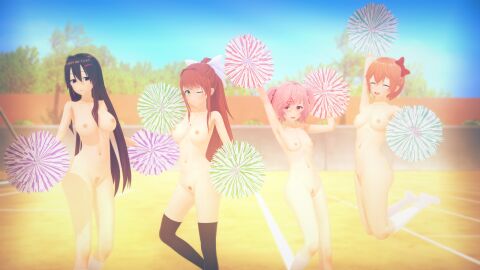 3d 4girls cheerleader doki_doki_literature_club ecxreaper female female_only human human_only light-skinned_female light_skin monika_(doki_doki_literature_club) multiple_females multiple_girls natsuki_(doki_doki_literature_club) nude nude_female sayori_(doki_doki_literature_club) stockings yuri_(doki_doki_literature_club)