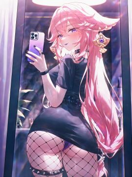 :p alternate_costume animal_ears ass ass_focus back belt belt_collar black_belt black_choker black_collar black_dress black_nails black_shirt black_skirt black_wristband blush bracelet breasts casual cellphone choker closed_mouth collar colored_skin contemporary cosmetics cowboy_shot crossed_bangs curtains dress ear_piercing earrings female fingernails fishnet_pantyhose fishnets floppy_ears fox_ears fox_girl from_behind genshin_impact glint goth_fashion hair_between_eyes hair_ornament hand_up holding holding_phone huge_ass indoors jewelry large_breasts lips long_hair looking_at_mirror looking_at_viewer looking_back low-tied_long_hair makeup medium_breasts miniskirt ministro mirror multiple_rings nail_polish pale_skin panties panties_over_pantyhose panties_under_pantyhose pantyhose pantylines pantyshot parted_lips pencil_skirt phone piercing pink_eyes pink_hair pink_panties plant potted_plant purple_eyes purple_hair purple_nails purple_panties red_eyes red_panties reflection ring self_upload selfie shirt short_dress short_sleeves sidelocks skindentation skirt smartphone smile solo spiked_bracelet spiked_collar spikes standing studded_collar t-shirt thick_thighs thigh_strap thighs tongue tongue_out underbutt underwear upskirt very_long_hair vision_(genshin_impact) wristband yae_miko