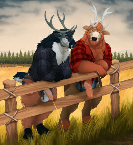 2025 animal_genitalia animal_penis anthro balls bara barefoot beard belt black_hair blue_eyes bodily_fluids body_hair bottomwear casual_nudity casual_urination chaps chest_hair chubchow clothed clothing crossed_arms deer duo eye_contact facial_hair facial_piercing feet fence field_background flaccid forest forest_background genital_fluids genitals grass green_eyes hair hi_res hooves humanoid_genitalia humanoid_penis leaning leaning_forward looking_at_another male male/male mammal masculine_male medial_ring multicolored_hair musclegut muscular nature nature_background new_world_deer nose_piercing nose_ring open_bottomwear open_clothing open_pants outside pants pattern_clothing pecs peeing penis piercing plaid plaid_clothing plant pubes red_hair reindeer ring_piercing tree two-tone_hair urine urine_stream white_hair yaoi