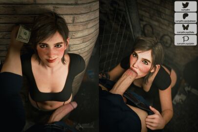 1girls 2koma 3d big_breasts blowjob blush breasts brown_hair cleavage currysfm ellie_(the_last_of_us) ellie_williams fellatio female female_focus freckles kneeling large_breasts light-skinned_female light-skinned_male light_skin male money oral oral_sex panties pov pov_eye_contact prostitute prostitution sex tagme tattoo the_last_of_us the_last_of_us_2