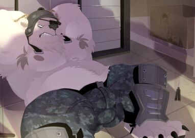 2024 angry anthro armpit_hair bear body_hair bottomwear breasts bulge captured clothed clothing detailed_background detailed_bulge epic_games eyewear fortnite fur ghostlymainfra1 headgear male male_only male_with_breasts mammal moobs muscular nipples overweight overweight_anthro overweight_male pants polar_bear polar_patroller rope solo ursine white_body white_fur_tuft