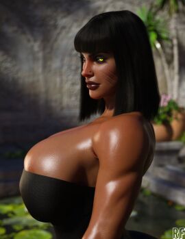 3d bare_shoulders black_hair breasts brown_skin brown_skinned_female bursting_breasts busty cleavage dark-skinned_female dark_skin dress egyptian egyptian_female eyeshadow female female_focus female_only legend_of_queen_opala lipstick long_hair makeup nose_piercing osira overflowing_breasts piercing rude_frog scar skimpy skimpy_clothes skimpy_dress tagme tan_body yellow_eyes