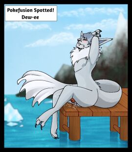 black_nose blue_clothing blush bodily_fluids cel_shading claws closed_eyes clothing cuntboy cuntboy_sans_balls dewgong ear_piercing eevee fangs feet fin fur fusion gem genital_fluids genitals grey_body grey_fur grey_horn herm hermaphrodite horn humanoid intersex jewelry long_ears long_tail male maleherm mane membrane_(anatomy) multi_genitalia nintendo nude paws pearl_(gem) penis piercing pokefusion pokefusion_(puppetmaster13uwu) pokemon pokemon_(species) pokemon_fusion puppetmaster13uwu pussy shaded sitting sky solo stretching tail tail_fin teeth text_box toes webbed_feet white_body white_fur