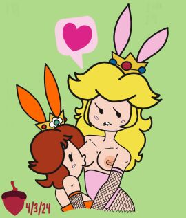 2girls blonde_hair breast_sucking breasts brown_hair bunny_ears bunny_girl bunnysuit crown easter female female_only fishnets heart jpeg mario_(series) multiple_females multiple_girls nipples paper_daisy paper_mario paper_peach princess_daisy princess_peach simple_background speech_bubble spoken_heart squirrellewds super_mario_bros. tagme yuri