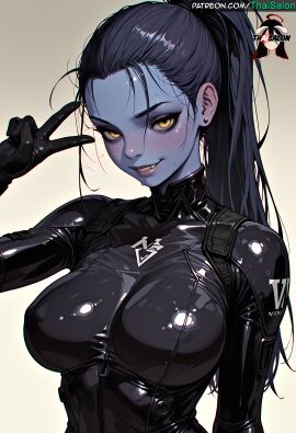 1girls ai_assisted ai_generated bangs black_hair bodysuit breasts chromatic_abberation colored_skin earrings female gloves hires jewelry large_breasts lips lipstick long_hair looking_at_viewer makeup overwatch patreon patreon_username ponytail purple_body purple_skin sexually_suggestive simple_background skin_tight smile solo stable_diffusion tagme thaisalon upper_body v watermark widowmaker_(overwatch) yellow_eyes