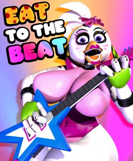 3d 3d_(artwork) artstyle_imitation ass big_breasts breasts canonical_scene chickenchicalover clothed clothed_female female female_only five_nights_at_freddy's five_nights_at_freddy's:_security_breach glamrock_chica_(fnaf) huge_ass huge_breasts poster recreation robot robot_girl sideass solo style_parody teasing