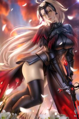 ahoge armor black_legwear blonde_hair blurry blurry_foreground breasts chains depth_of_field female flower gauntlets jeanne_d'arc_(alter)_(fate) jeanne_d'arc_(fate)_(all) large_breasts long_hair petals solo sword thighhighs weapon yellow_eyes