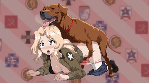 1boy 1dog 1girls ahe_gao animated animated_gif ass blonde_hair breasts canid canine clothed clothed_female clothed_sex clothing dog_ears doggy_style domestic_dog dominant_feral female female_human/male_feral female_on_feral femsub feral gif girls_und_panzer kay_(girls_und_panzer) long_hair looking_at_viewer male male/female maledom no_bra open_mouth pantsu_ahaundo sex sex_from_behind tongue tongue_out zoophilia