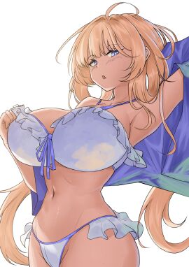 ahoge arm_up armpits azur_lane bikini blonde_hair blue_eyes blue_jacket blush breasts cg cleavage female frilled_bikini frills huge_breasts jacket large_breasts long_hair looking_at_viewer massena_(azur_lane) navel open_mouth simple_background solo stomach swimsuit very_long_hair white_background white_bikini