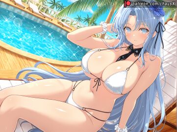 alsace_(azur_lane) alsace_(heat-beating_summer_sacrament)_(azur_lane) azur_lane bare_shoulders beach_chair between_breasts bikini black_necktie blue_eyes blue_hair blush breasts cg cleavage day detached_collar female flower front-tie_top hair_flower hair_ornament hairband large_breasts long_hair looking_at_viewer navel necktie o-ring o-ring_bikini outdoors palm_tree parted_lips patreon_username pool poolside scrunchie sitting skindentation solo stomach string_bikini swimsuit thighs tree very_long_hair water white_bikini wrist_scrunchie