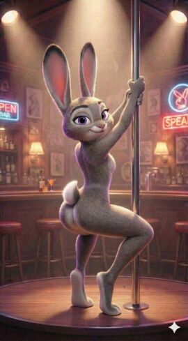 ass birthday_suit bunny bunny_ears female gray_fur happy happy_female judy_hopps light-skinned_female nude pole pole_dancing pose purple_eyes zootopia