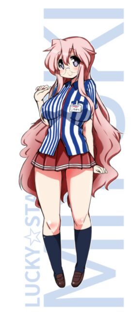 1girls big_breasts blush breasts character_name copyright_name employee_uniform female glasses lawson long_hair looking_at_viewer lucky_star miyuki_takara mizushima_(p201112) pink_hair pleated_skirt purple_eyes red_skirt skirt smile smiling_at_viewer socks solo uniform very_long_hair white_background