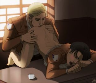 2boys anilingus ass attack_on_titan barefoot blonde_hair bottomless brown_jacket closed_eyes cup erwin_smith gay jacket levi_ackerman male male_focus mug multiple_boys multiple_males on_table open_mouth shingeki_no_kyojin signature table teeth thefelixfellow undercut window_shade yaoi