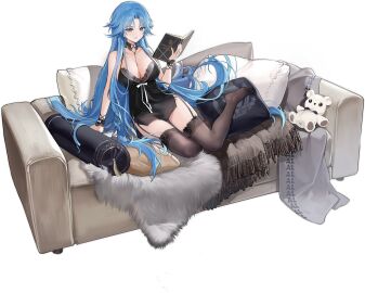 azur_lane babydoll bare_shoulders black_babydoll black_choker black_thighhighs blue_eyes blue_hair blush book bracelet breasts cg choker cleavage closed_mouth collarbone couch dress female full_body garter_straps holding holding_book jewelry lace lace-trimmed_legwear lace_trim large_breasts letterboxed lingerie long_hair looking_at_viewer multicolored_hair nail_polish nightgown no_shoes official_alternate_costume official_art on_couch open_book parted_bangs pillow sitting sleepwear smile solo sovetskaya_belorussiya_(azur_lane) sovetskaya_belorussiya_(relaxation_stratagem)_(azur_lane) stuffed_animal stuffed_toy teddy_bear thighhighs transparent_background underwear very_long_hair