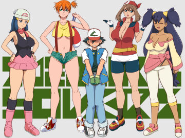 1boy 4girls adapted_costume age_difference aged_up asymmetrical_hair bandana bare_legs baseball_cap beanie big_breasts bike_shorts black_hair blue_eyes blue_hair blush boots breasts brown_hair cleavage cowboy_shot creatures_(company) curvy dawn_(pokemon) denim denim_shorts female game_freak glamour_works gloves green_eyes green_hair gym_leader hair_ornament hat height_difference highres iris_(pokemon) kasumi_(pokemon) legs legs_together long_hair looking_at_viewer male may_(pokemon) miniskirt multiple_females multiple_girls navel nintendo nipples open_mouth orange_hair pants pink_footwear pokemon pokemon_(anime) pokemon_(classic_anime) pokemon_bw_(anime) pokemon_dppt_(anime) pokemon_rse_(anime) ponytail red_hair red_scarf satoshi_(pokemon) scarf shirt shoes short_hair short_shorts shorts side_ponytail simple_background size_difference skirt sleeveless smile sneakers socks standing straight suspenders tank_top thick_thighs thighs underboob underwear unzipped wide_hips yellow_shirt yellow_tank_top