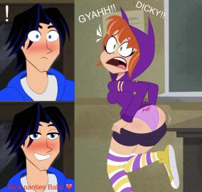 1boy 1girls ass background barbara_gordon batgirl big_ass black_hair dc dc_comics dc_super_hero_boys dc_super_hero_girls dialogue dick_grayson djpaint96-ii excited female impressed love male nightwing orange_hair panties school shocked_expression symbol underwear