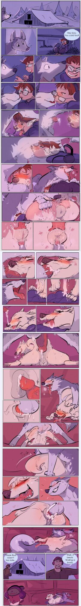 absurd_res anus blush blush_lines bodily_fluids canid canine canis clothing colored comic cum cum_in_mouth cum_in_pussy cum_inside doggy_style domestic_dog duo eyewear face_in_sheath female feral feral_on_feral from_behind_position gender_transformation genital_fluids glasses glasses_askew hi_res human husky kissing licking long_image male male/female male/male male_on_feral mammal mid-transformation mtf_transformation nordic_sled_dog oral penis penis_shrinking pussy sex spitz tall_image tongue transformation transformation_through_sex wardrobe_malfunction zoba_(artist) zoophilia