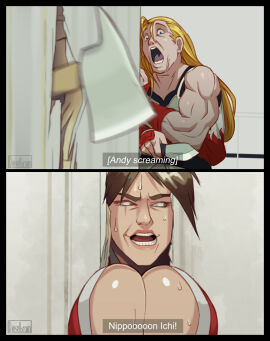 1boy 1girls 2020 andy_bogard biceps big_breasts blonde_hair blue_eyes breasts brown_eyes brown_hair bursting_breasts busty cleavage comic dialogue dieselbrain fatal_fury female funny here's_johnny! humor king_of_fighters large_breasts long_hair mai_shiranui male meme muscular muscular_male overflowing_breasts parody ponytail snk sweat tagme text the_shining