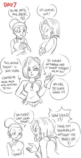 2girls android_18 annoyed breasts bulma_briefs chichi chinese_clothes dragon_ball dragon_ball_super earrings female fully_clothed funsexydragonball medium_breasts monochrome no_nut_november short_hair text text_bubble