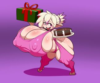 1girls alykia_lumine ber00 box breasts cake female female_only huge_breasts hyper_breasts lalafell pink_outfit shortstack simple_background solo thick_thighs