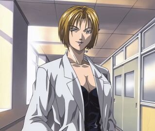 00s 1girls 2001 animated bible_black bible_black_night_of_the_walpulgiss blonde_hair blue_eyes breasts female kitami_reika lab_coat large_breasts lipstick makeup nurse short_hair tagme window witch