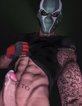 1boy 3d bettybattaglia big_penis blue_eyes bottomless call_of_duty call_of_duty_modern_warfare_(2019) cum gloves lifting_shirt male male_only mask masked masked_male nikto penis precum precum_drip shirt_lift solo solo_male tattoo tattoos watermark