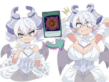 1girls big_breasts breasts breasts_exposed closed_mouth clothing demon demon_girl demon_horns dress duel_monster earrings expansion female fruitheadart healerart hi hi_res konami labrynth_of_the_silver_castle lady_labrynth_of_the_silver_castle lovely_labrynth_of_the_silver_castle megamorph monster_girl necktie princess queen smile solo twintails white_background wings woman yu-gi-oh!