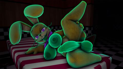 3d anthro balls bedroom_eyes big_balls big_breasts big_penis bow_tie breasts deskai erection five_nights_at_freddy's five_nights_at_freddy's:_help_wanted futanari genitals glitchtrap hi_res intersex lagomorph leporid looking_at_viewer lying mammal narrowed_eyes on_side penis presenting purple_eyes rabbit raised_leg rule_63 seductive solo spreading thick_thighs wide_hips yellow_body