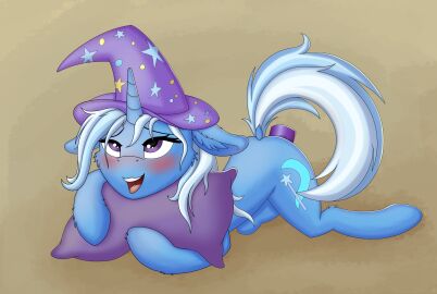 blush dildo equid equine female feral fess_(artist) friendship_is_magic hasbro hi_res horn horse hug hugging_object hugging_pillow magician_hat mammal my_little_pony mythological_creature mythological_equine mythology open_mouth pillow pony purple_pillow sex_toy solo trixie_(mlp) unicorn