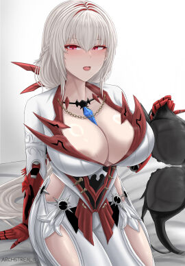 1girls alternate_costume archstreal areola_slip bed bianca_(punishing:_gray_raven) breasts clothed female large_breasts long_hair pale_skin punishing:_gray_raven red_eyes red_hair robot_girl silver_hair sitting solo