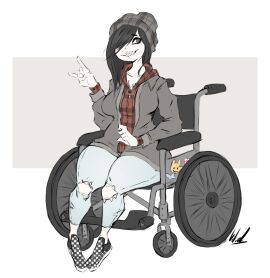 1girls beanie big_breasts black_hair braces breasts dullvivid female grey_eyes light-skinned_female light_skin original solo thick_thighs v wheelchair wide_hips