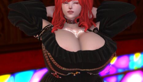 bimbo chubby cleavage cleavage_dress collar final_fantasy_xiv gpose(ffxiv) huge_breasts pale_skin red_eyes red_hair suggestive viera