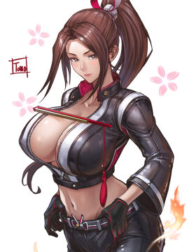 1girls artist_name belt big_breasts black_gloves black_jumpsuit breast_zipper breasts brown_hair cleavage commentary_request covered_nipples cowboy_shot crop_top cropped_jacket fatal_fury fatal_fury:_city_of_the_wolves female floral_background folded_fan folding_fan gloves grey_belt grey_eyes hand_fan high_ponytail highres holding holding_fan inner_sideboob jumpsuit king_of_fighters large_breasts leather leather_pants mai_shiranui mai_shiranui_(city_of_the_wolves) midriff navel no_bra official_alternate_costume pants ponytail sidelocks snk solo tomo_eokaiteru white_background wide_sleeves zipper zipper_pull_tab
